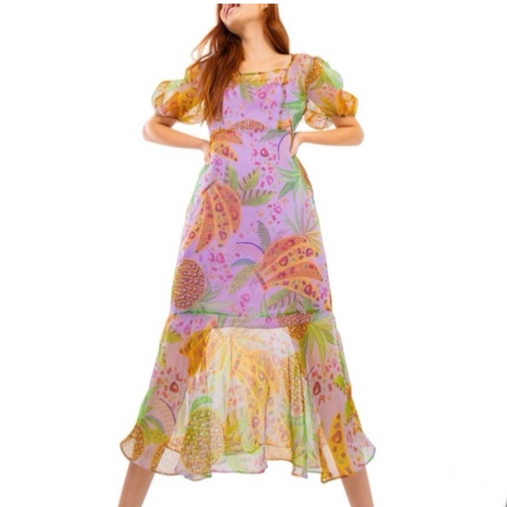 Farm Rio Mixed Fruits Floral Organza Midi Dress